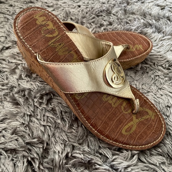 Sam Elderman leather gold wedge sandal - Picture 1 of 3